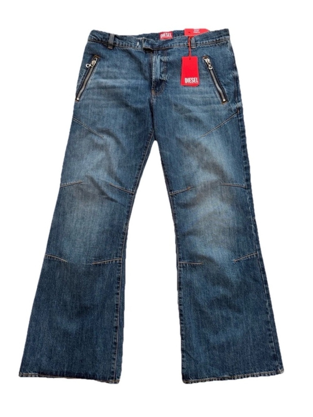 Diesel Medium Blue Flare Wide-Leg Jeans with Zip Details